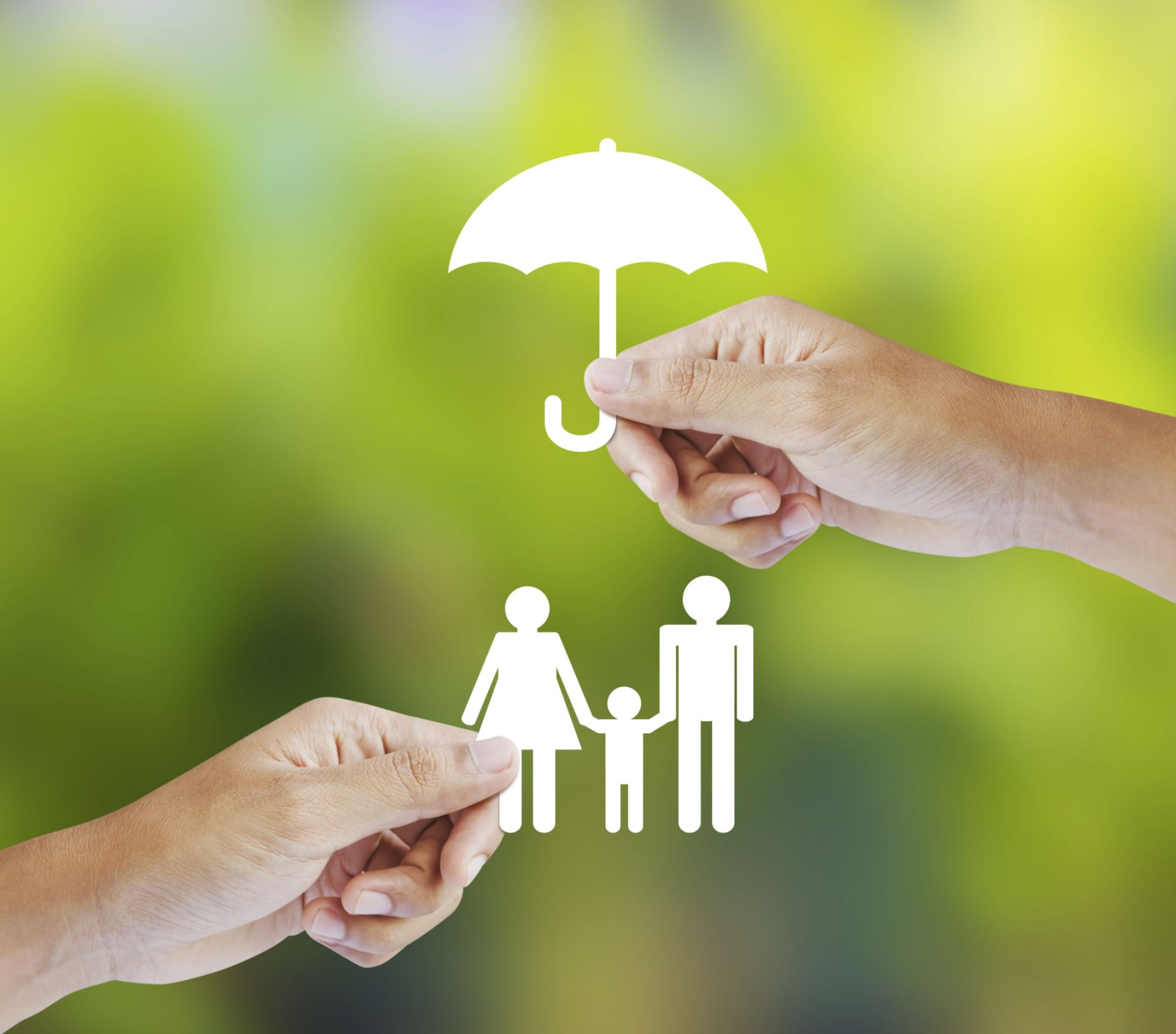 Independent insurance agency concept showing family protection under umbrella held by hands, symbolizing life insurance and financial security