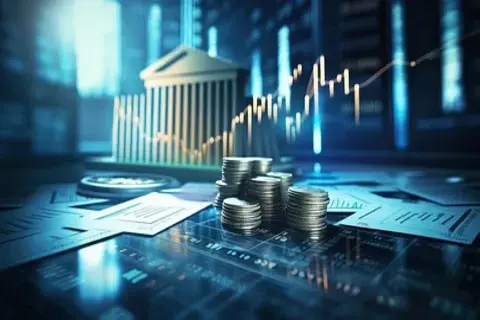 Stacks of silver coins resting on financial documents with a glowing digital stock market graph and a bank building model to highlight professional investment services.